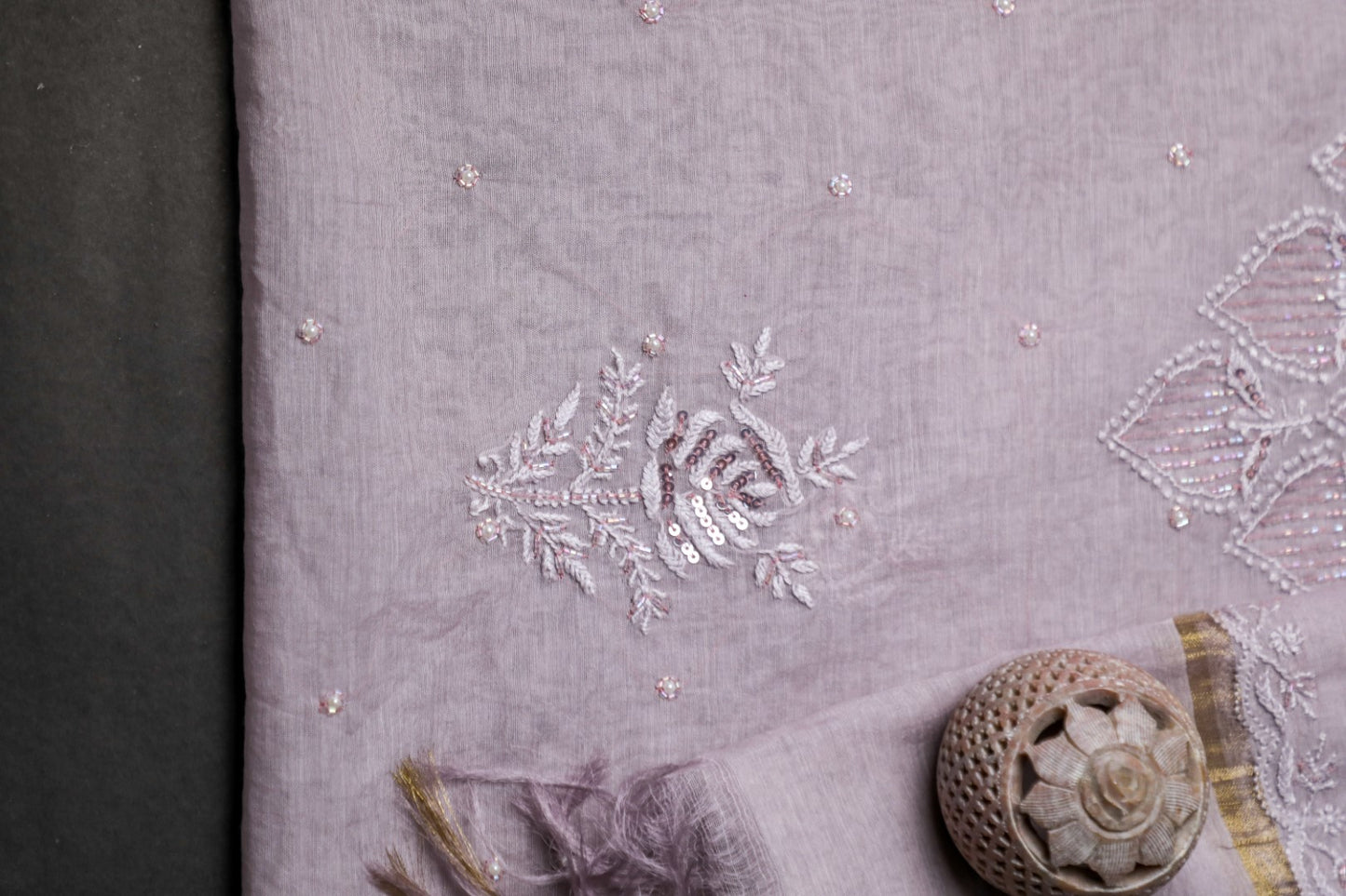 'Sparkling Twilight' Lavender Mul Chanderi Embellished Unstitched Chikankari Suit Set