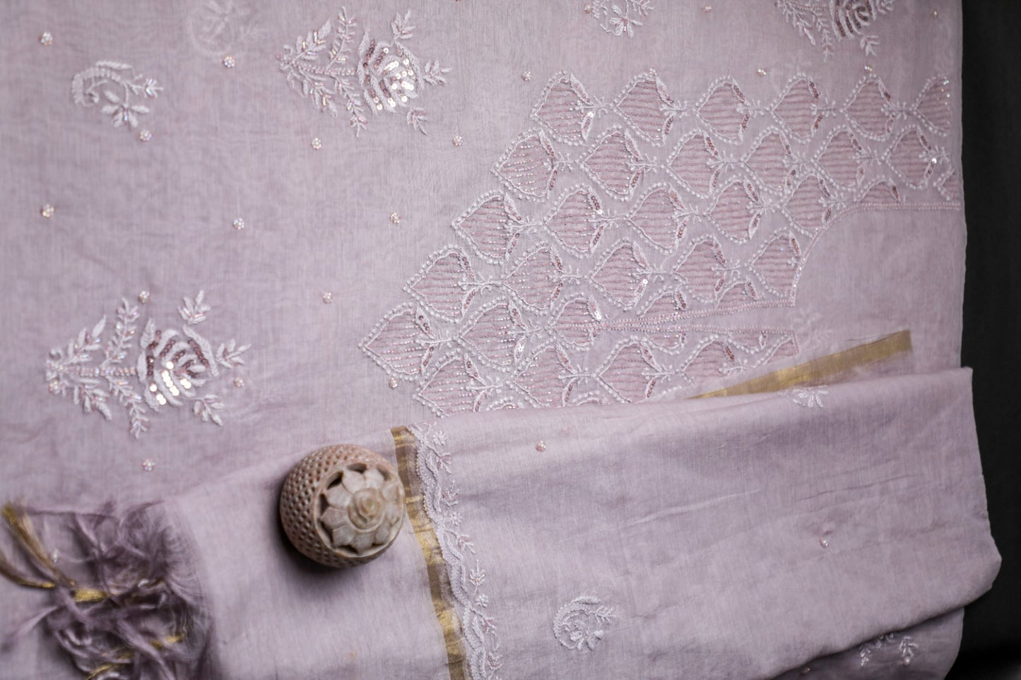 'Sparkling Twilight' Lavender Mul Chanderi Embellished Unstitched Chikankari Suit Set