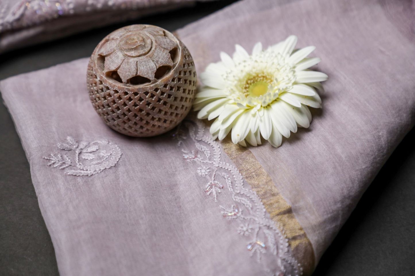 'Sparkling Twilight' Lavender Mul Chanderi Embellished Unstitched Chikankari Suit Set