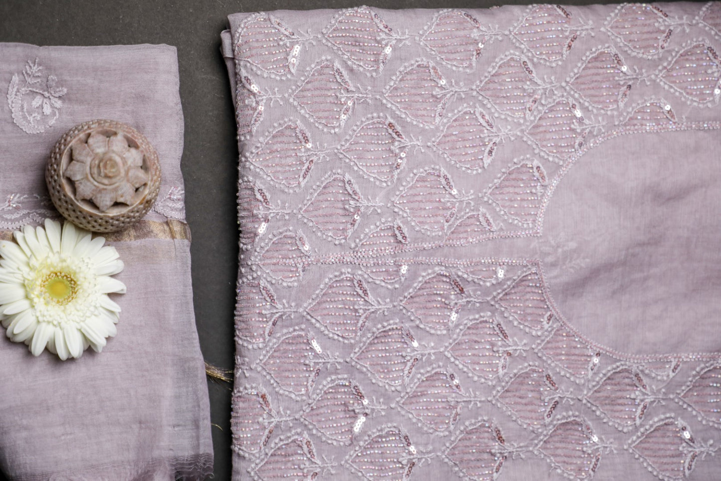 'Sparkling Twilight' Lavender Mul Chanderi Embellished Unstitched Chikankari Suit Set