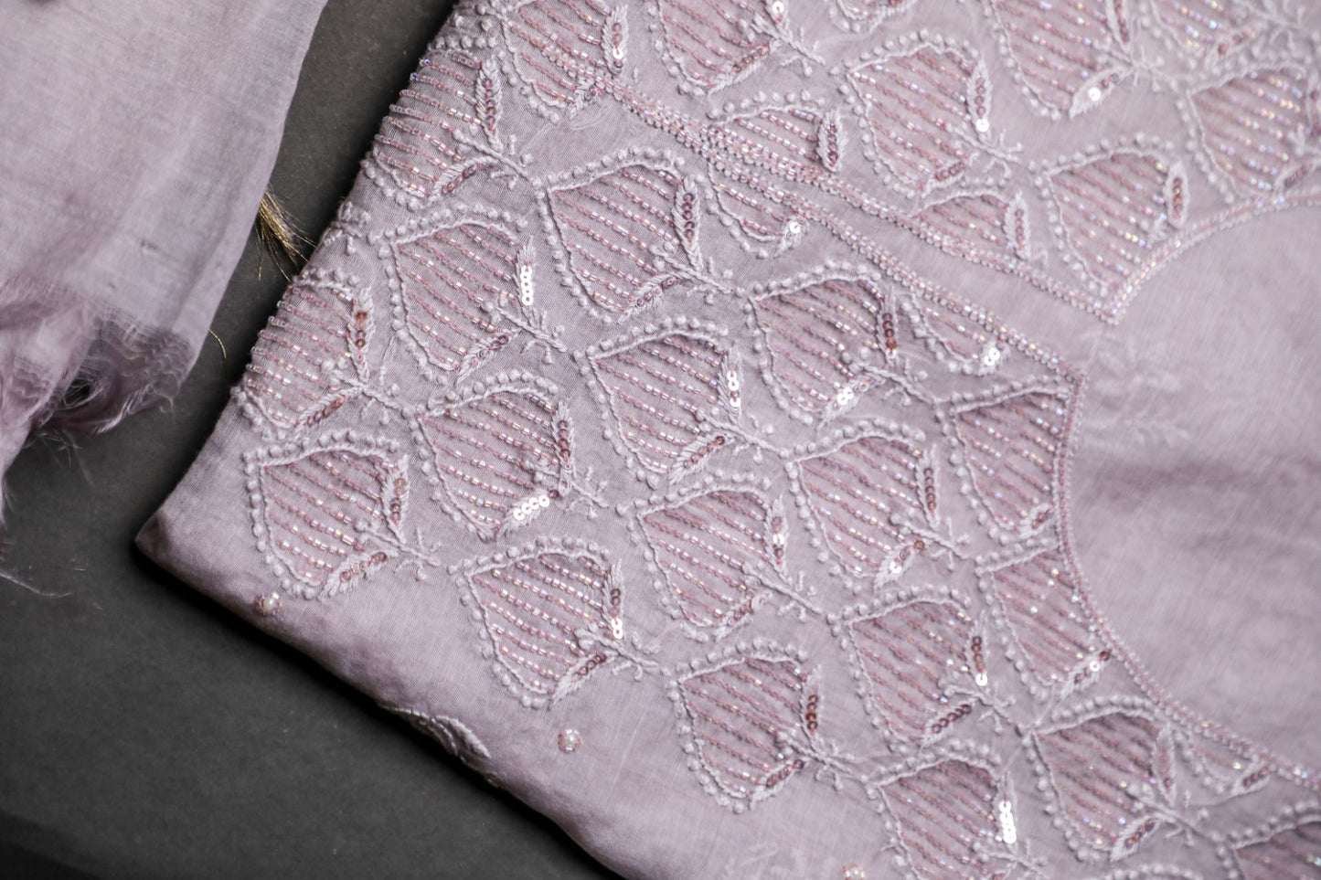 'Sparkling Twilight' Lavender Mul Chanderi Embellished Unstitched Chikankari Suit Set