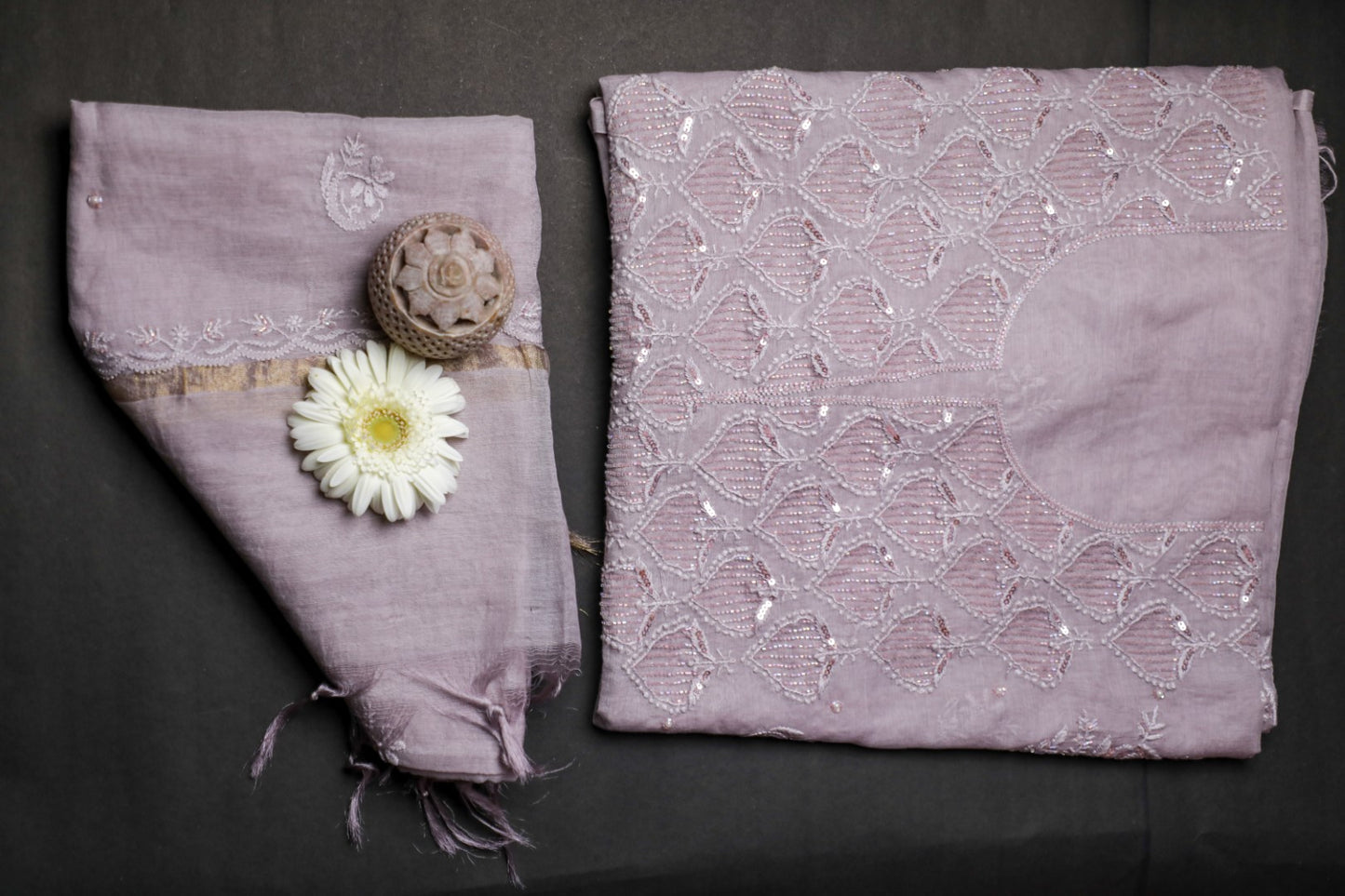 'Sparkling Twilight' Lavender Mul Chanderi Embellished Unstitched Chikankari Suit Set