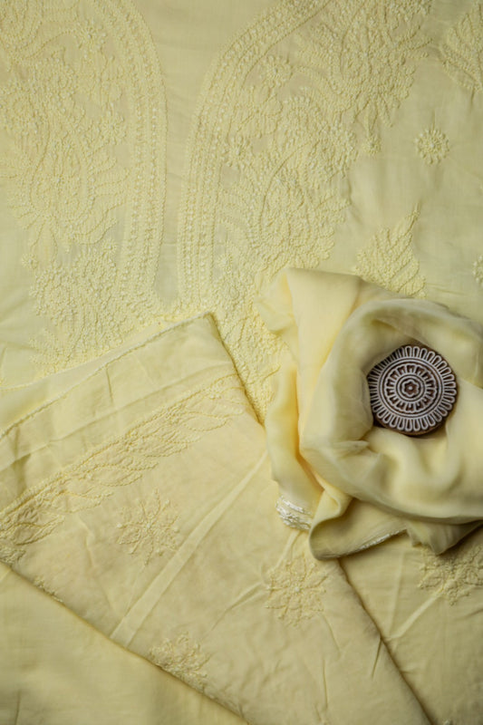 Creamish Yellow Mul Cotton Unstitched Chikankari Suit set