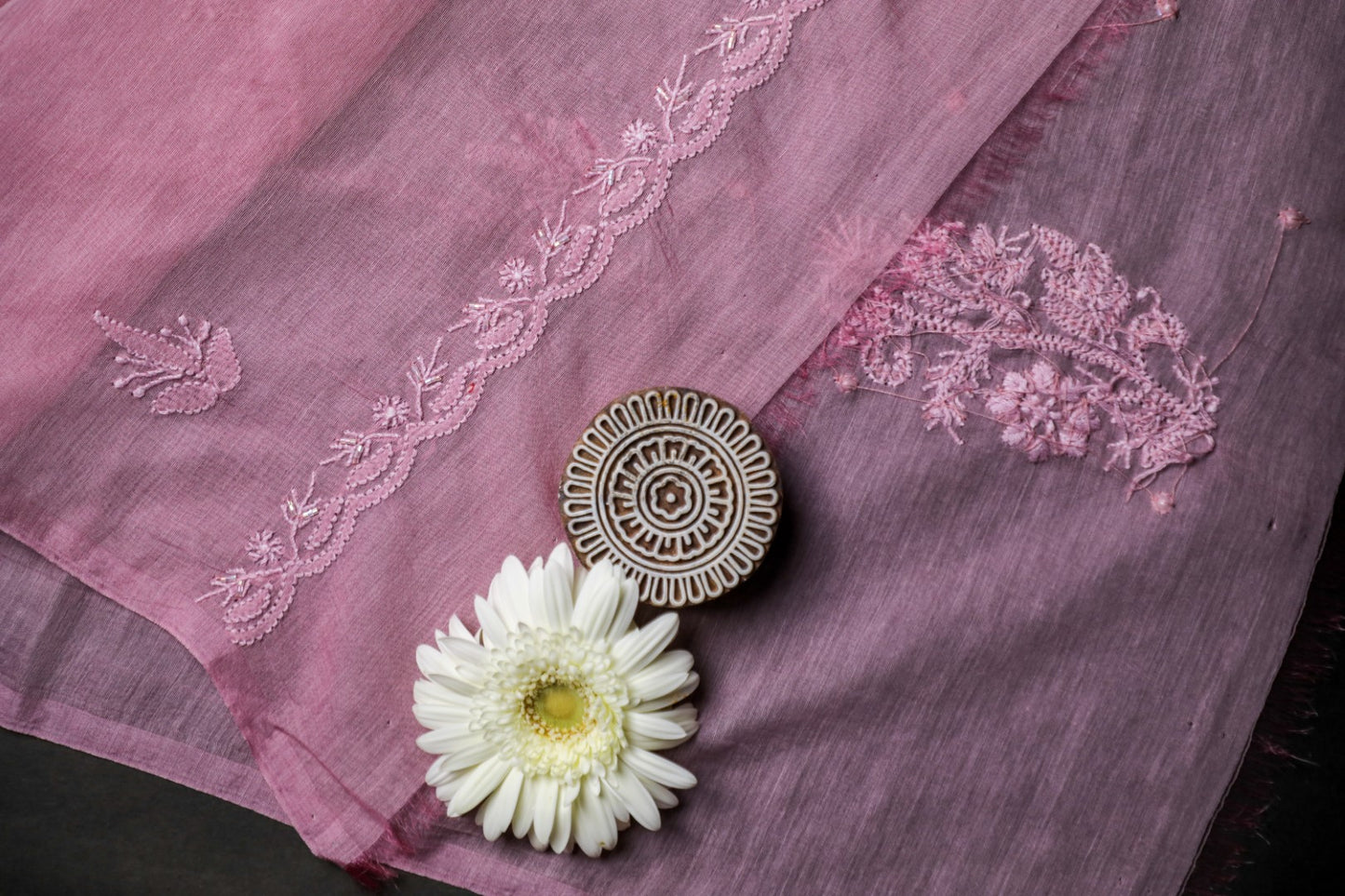 'Mauve Magic' Mul Chanderi Embellished Unstitched Chikankari Suit Set