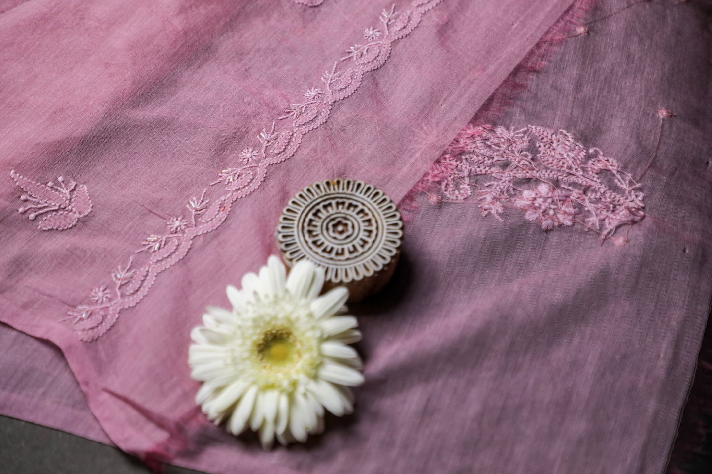 'Mauve Magic' Mul Chanderi Embellished Unstitched Chikankari Suit Set