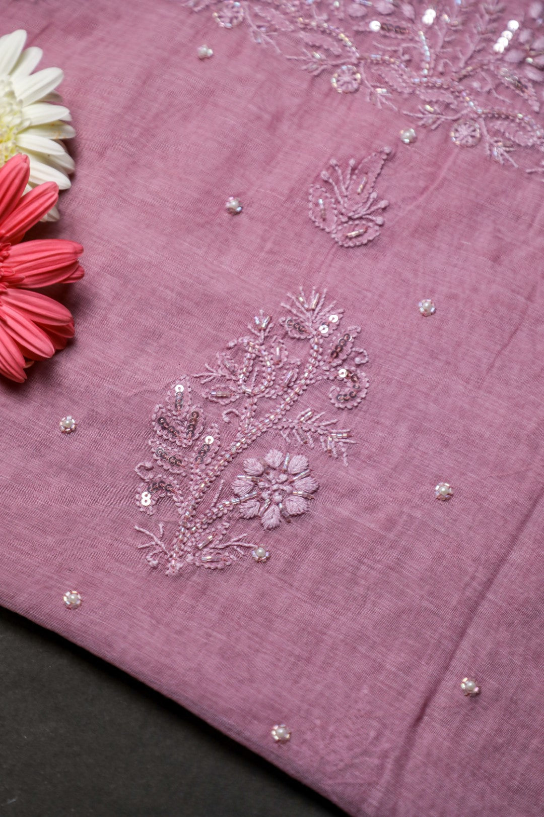 'Mauve Magic' Mul Chanderi Embellished Unstitched Chikankari Suit Set