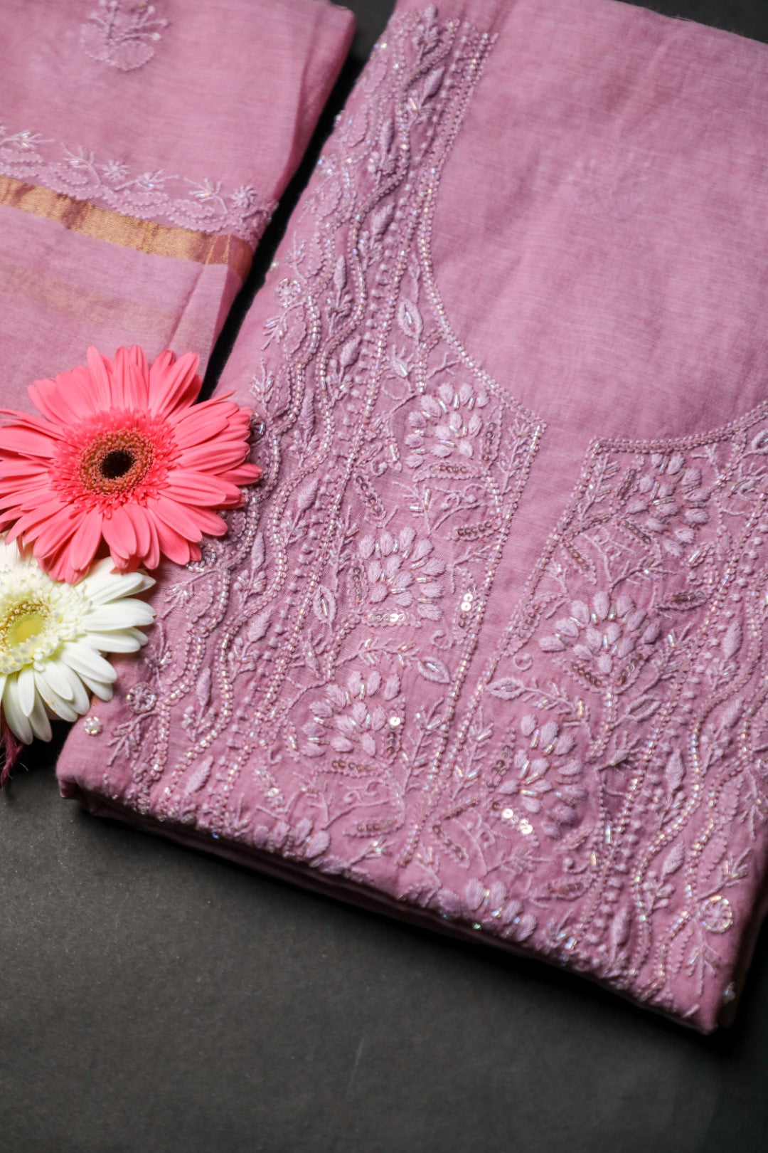 'Mauve Magic' Mul Chanderi Embellished Unstitched Chikankari Suit Set