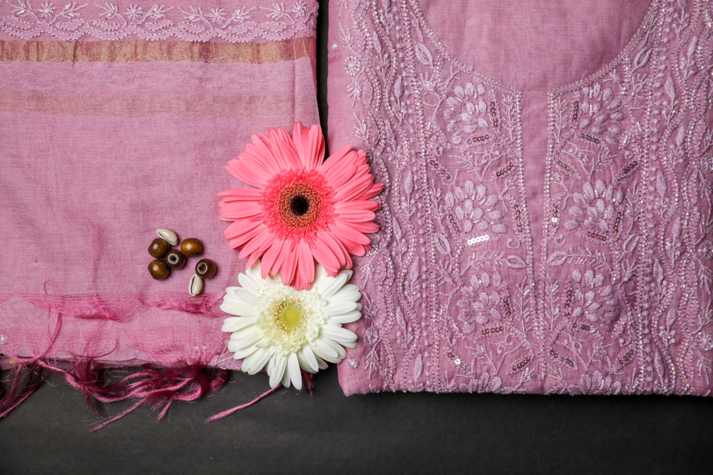 'Mauve Magic' Mul Chanderi Embellished Unstitched Chikankari Suit Set