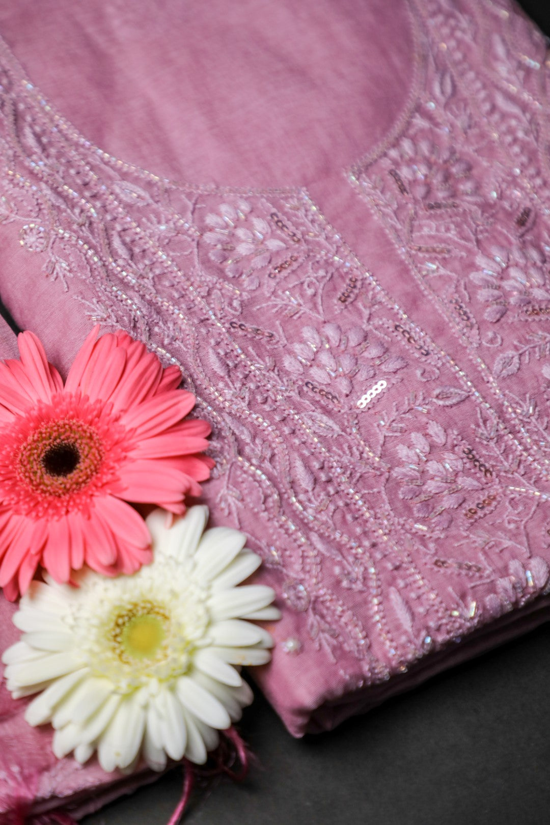 'Mauve Magic' Mul Chanderi Embellished Unstitched Chikankari Suit Set