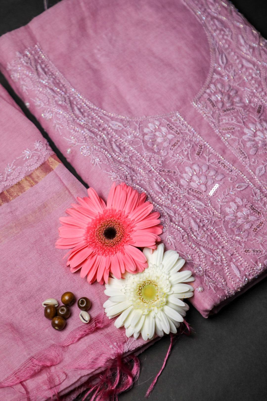 'Mauve Magic' Mul Chanderi Embellished Unstitched Chikankari Suit Set