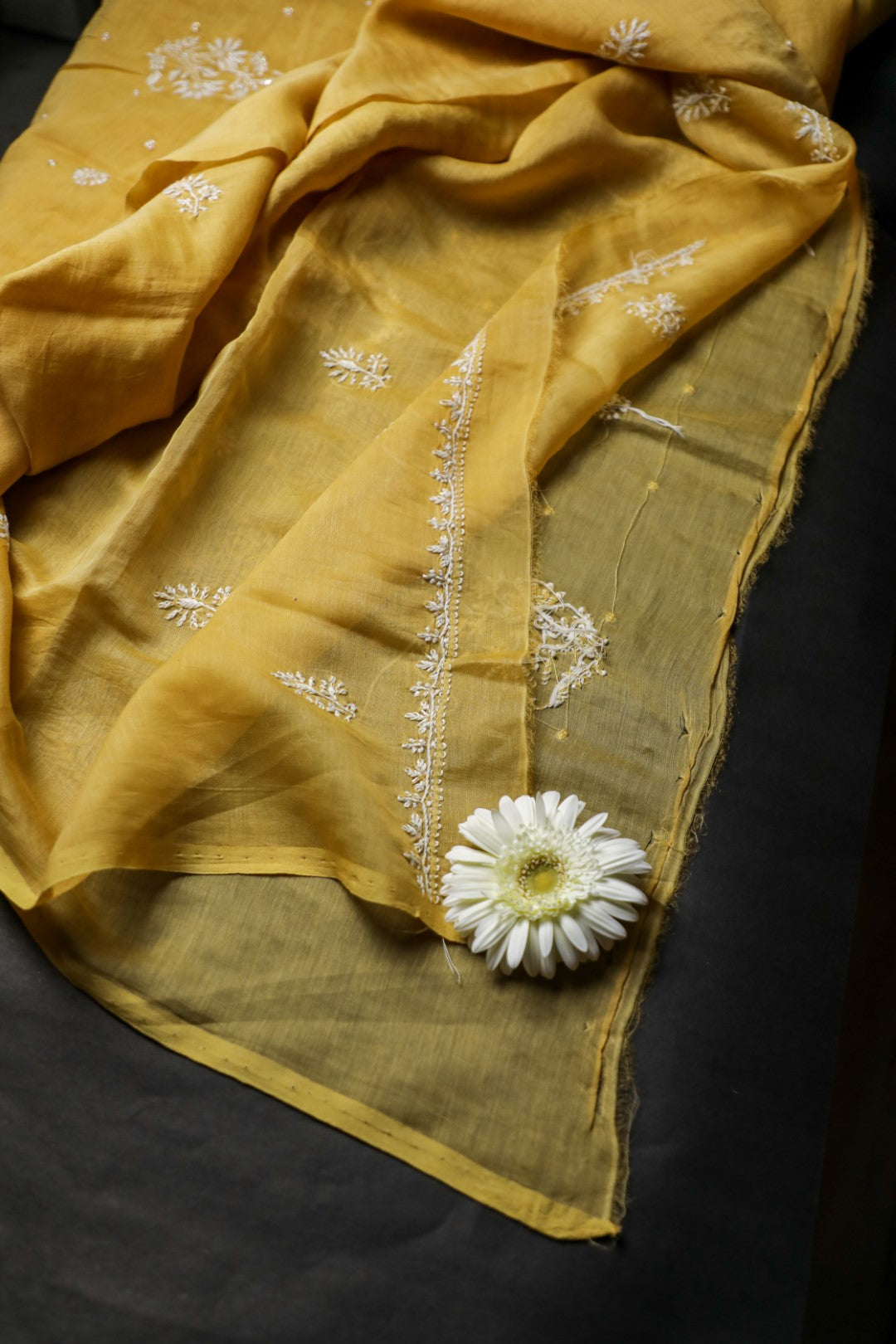 'Sunset Gold' Mul Chanderi Embellished Unstitched Chikankari Suit Set