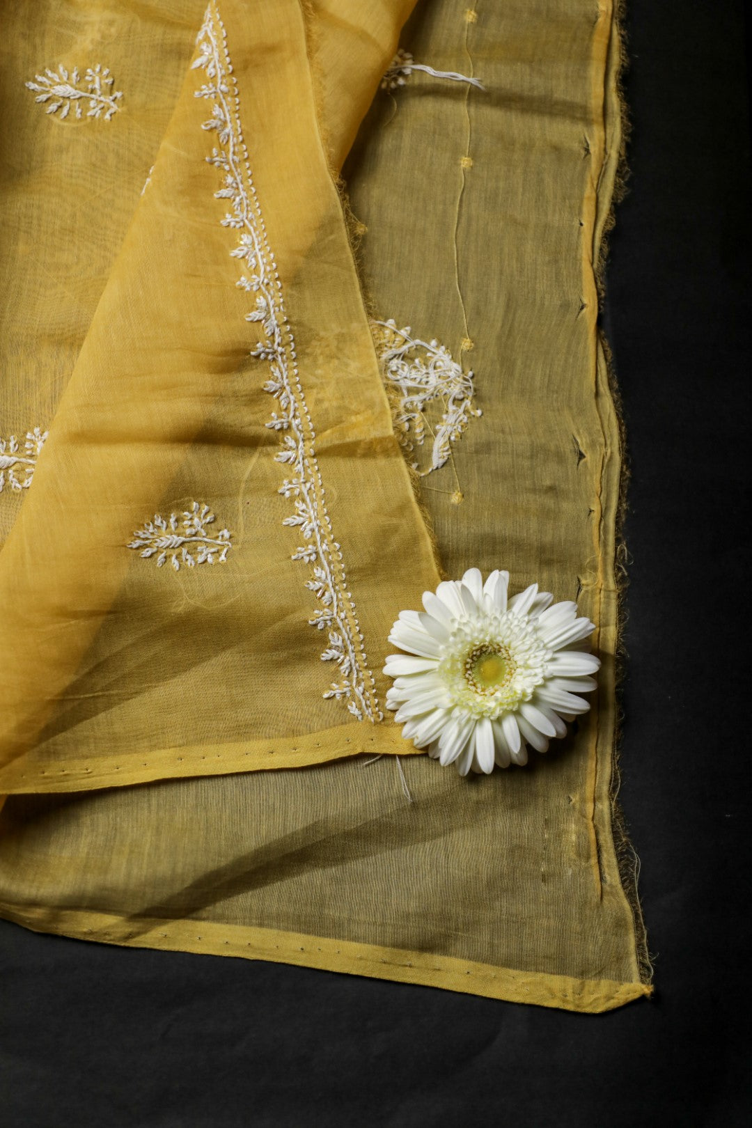'Sunset Gold' Mul Chanderi Embellished Unstitched Chikankari Suit Set