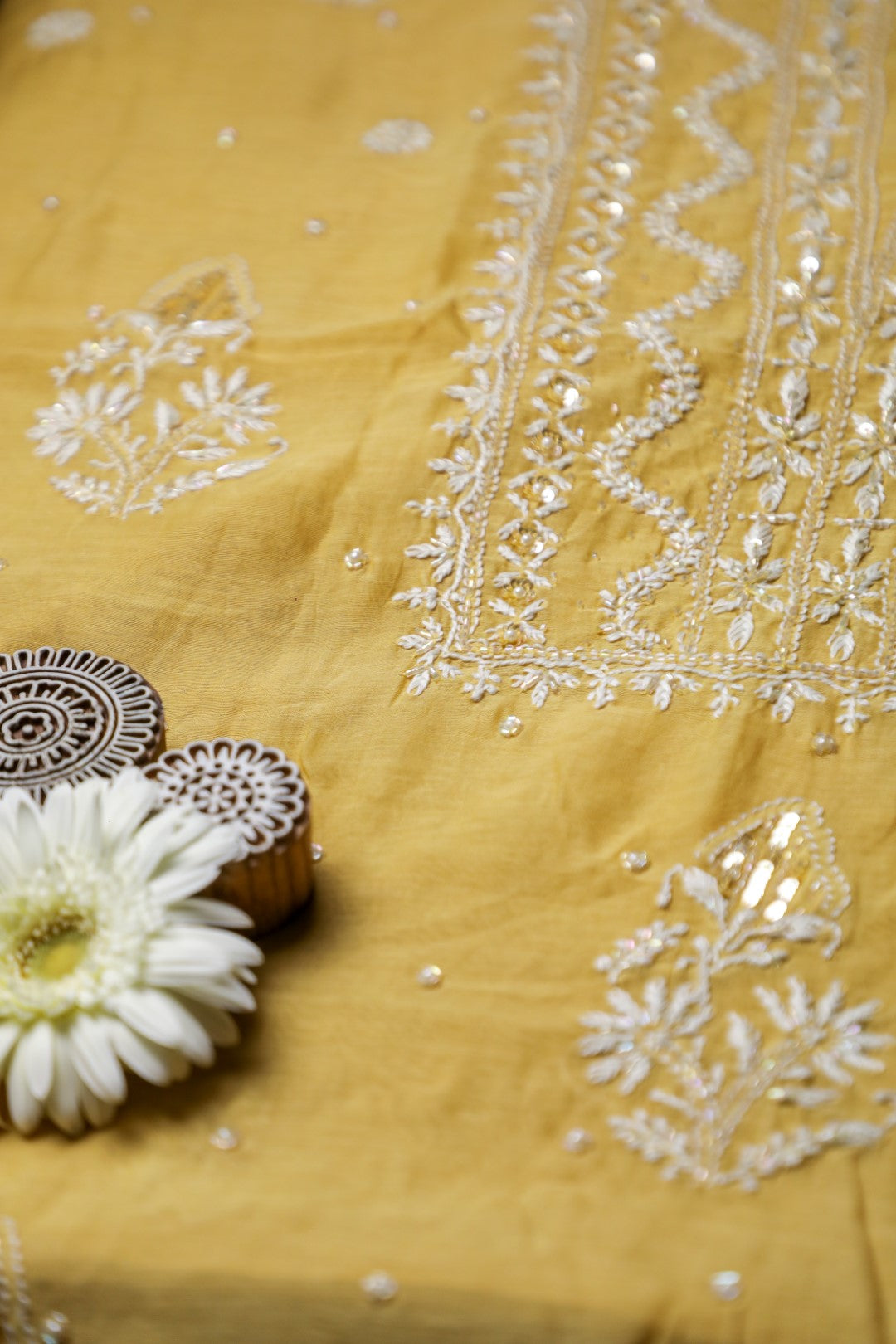 'Sunset Gold' Mul Chanderi Embellished Unstitched Chikankari Suit Set