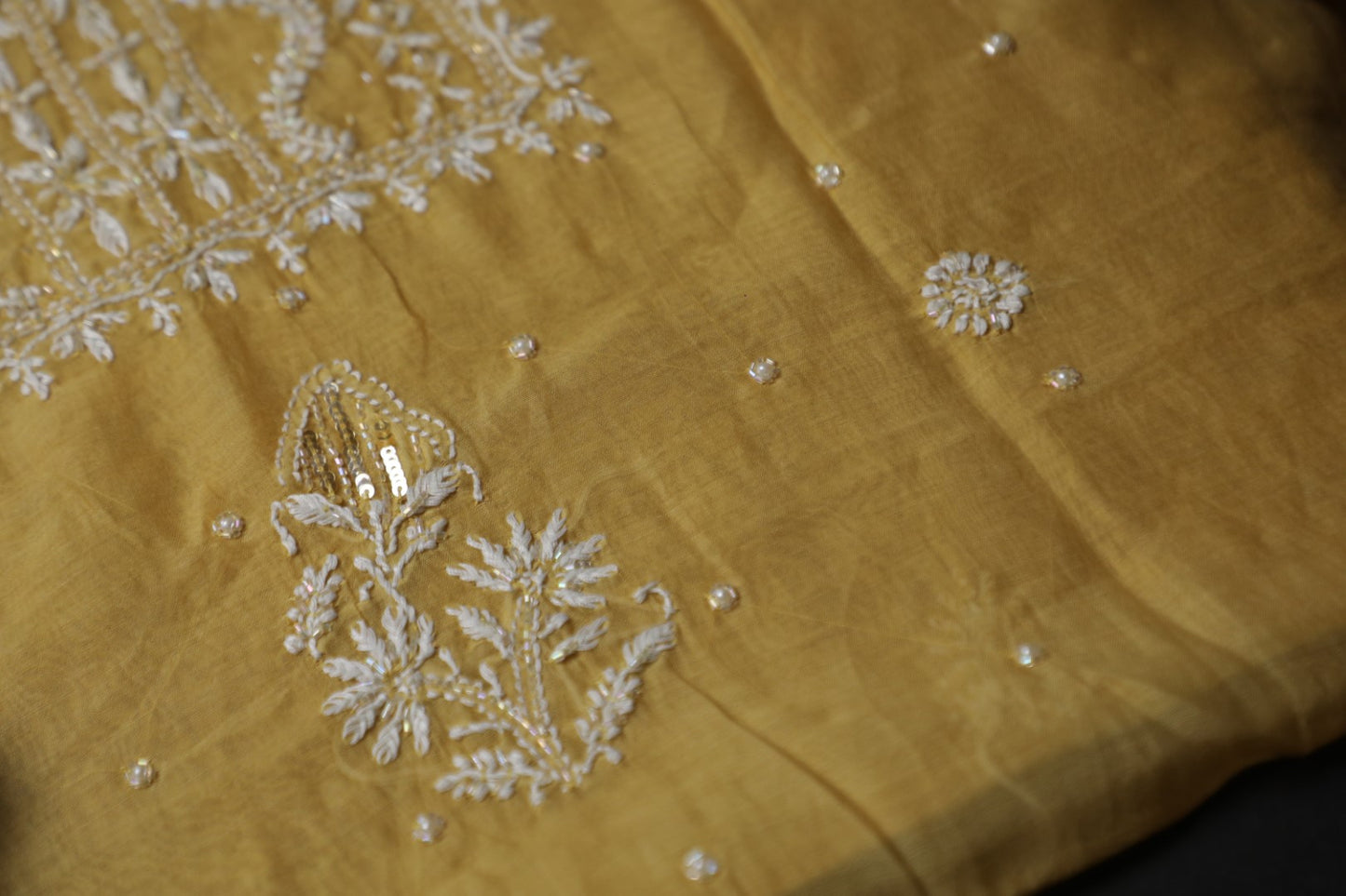 'Sunset Gold' Mul Chanderi Embellished Unstitched Chikankari Suit Set