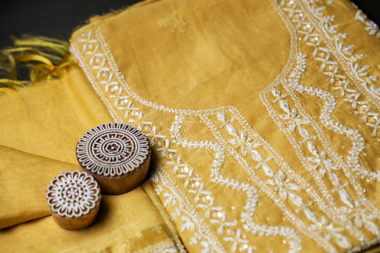 'Sunset Gold'  Mul Chanderi Embellished Unstitched Chikankari Suit Set