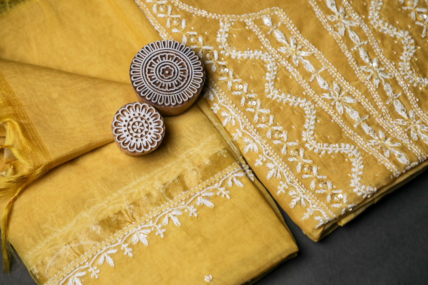 'Sunset Gold' Mul Chanderi Embellished Unstitched Chikankari Suit Set