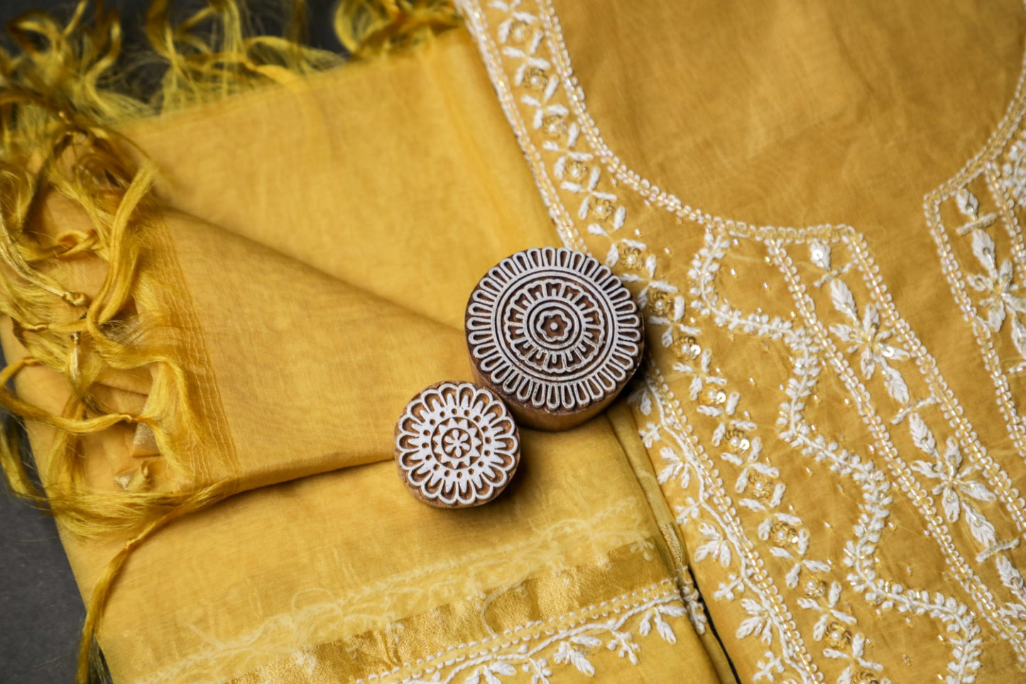 'Sunset Gold' Mul Chanderi Embellished Unstitched Chikankari Suit Set