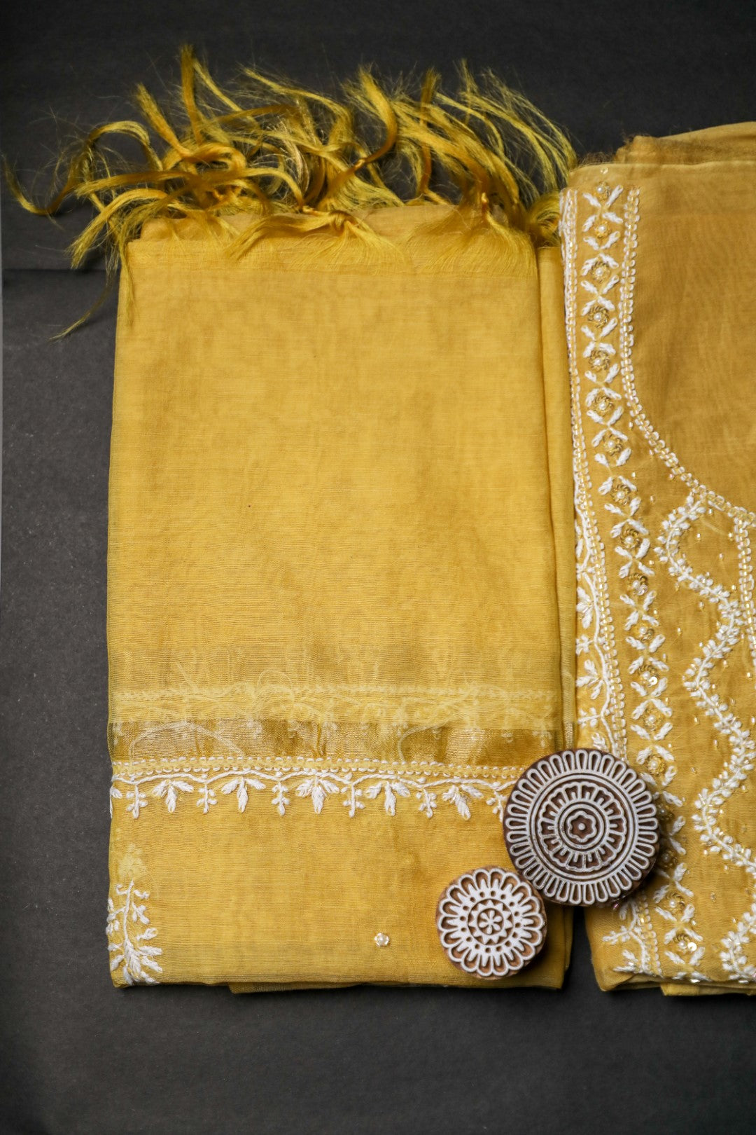 'Sunset Gold' Mul Chanderi Embellished Unstitched Chikankari Suit Set