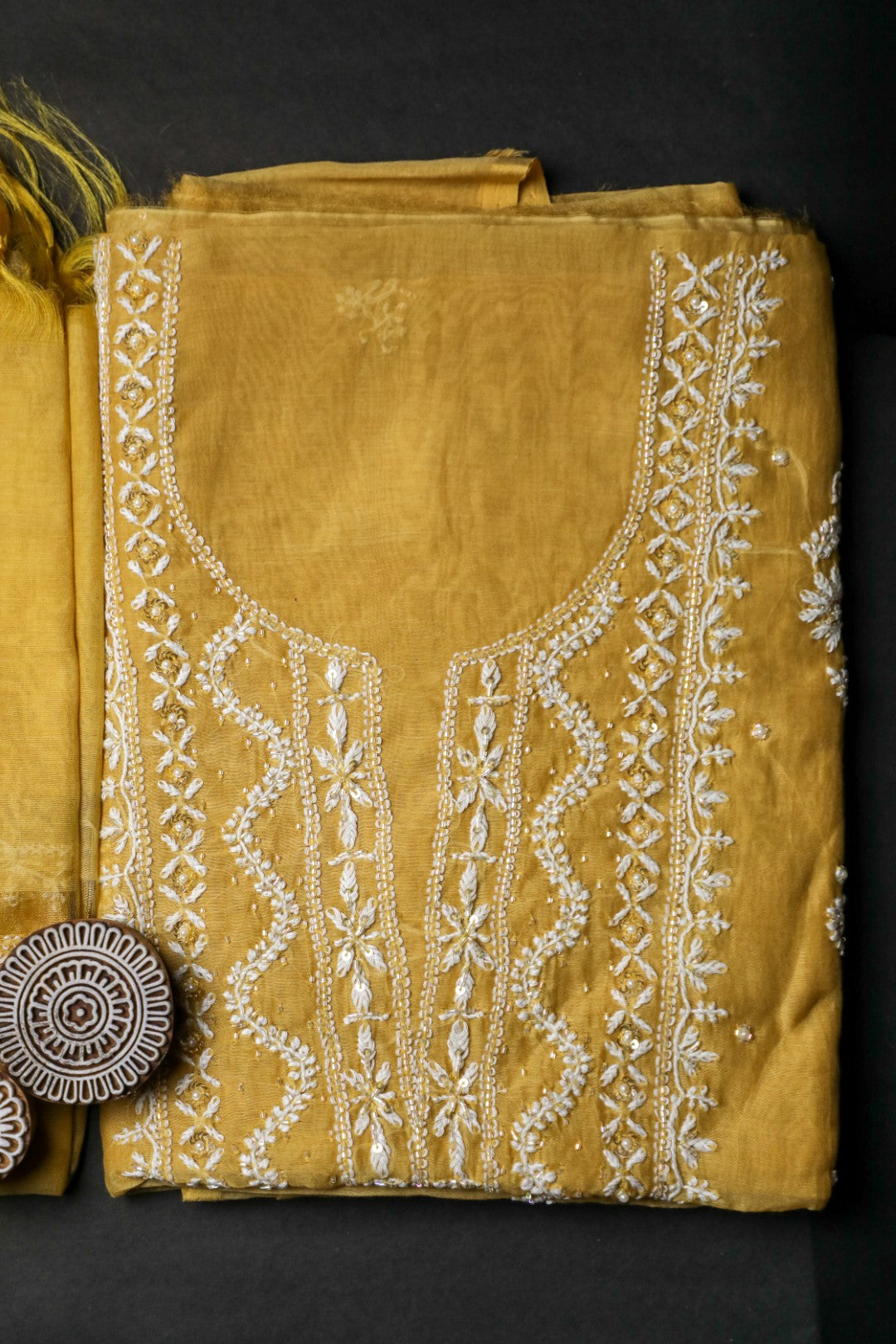 'Sunset Gold' Mul Chanderi Embellished Unstitched Chikankari Suit Set