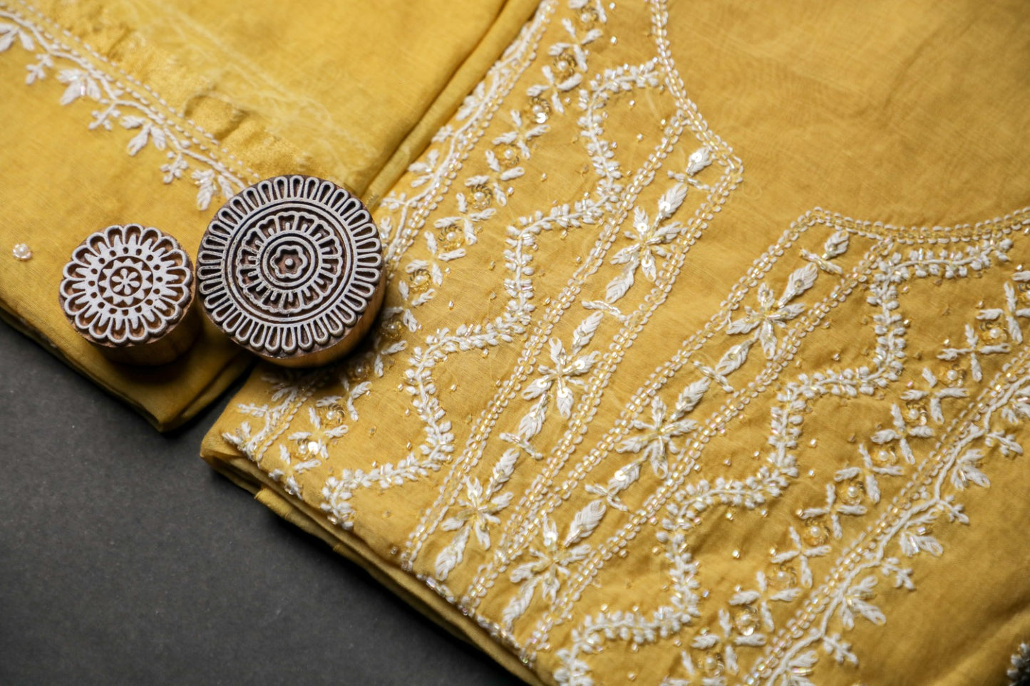 'Sunset Gold' Mul Chanderi Embellished Unstitched Chikankari Suit Set