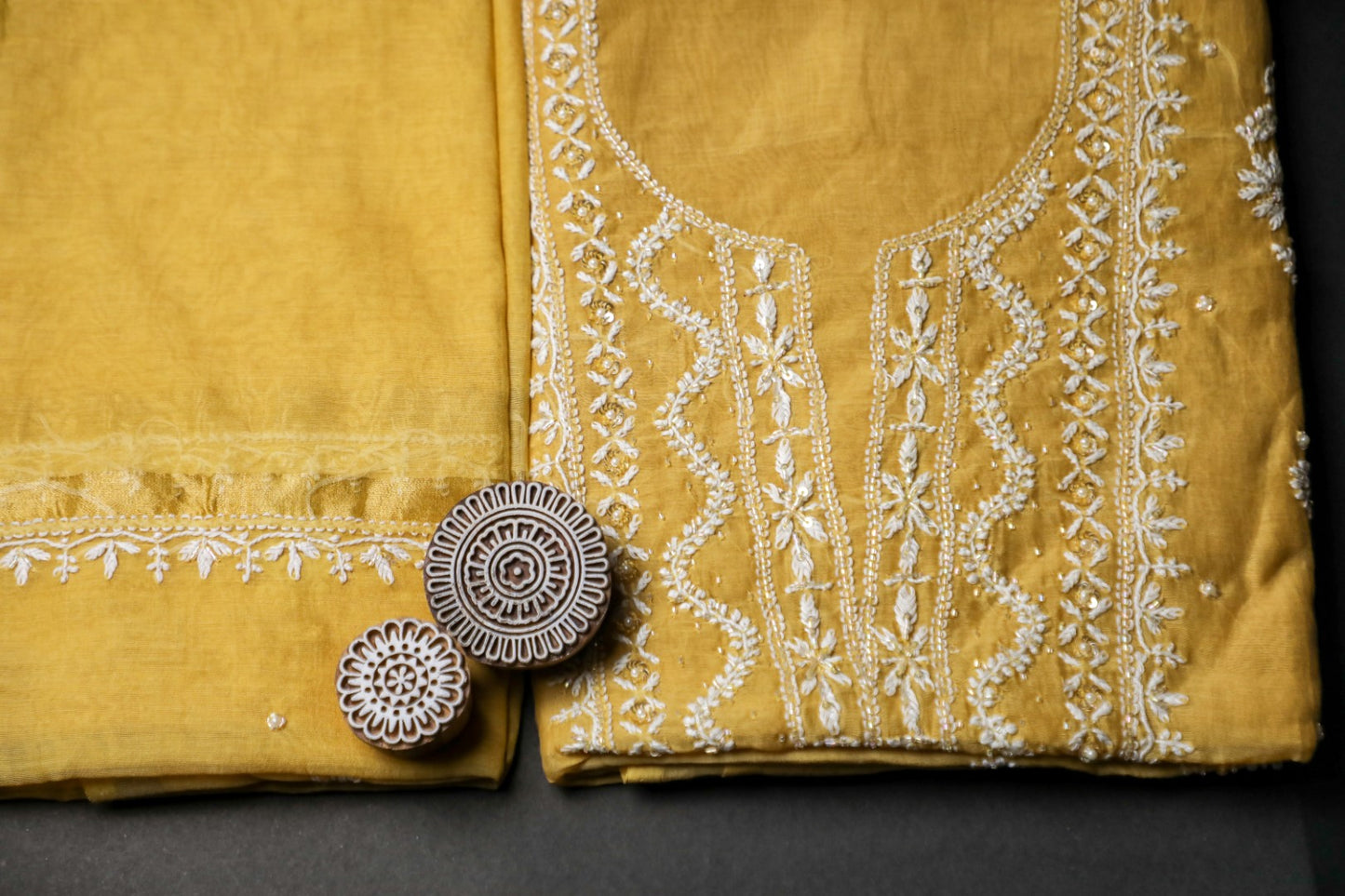 'Sunset Gold' Mul Chanderi Embellished Unstitched Chikankari Suit Set