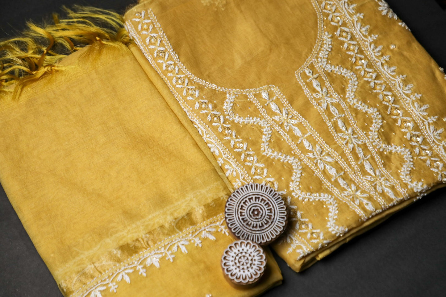 'Sunset Gold' Mul Chanderi Embellished Unstitched Chikankari Suit Set