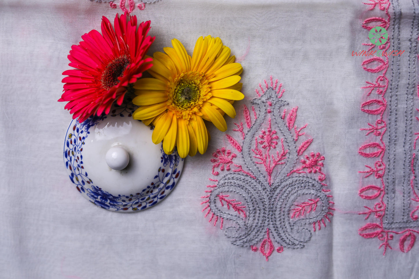 Pink & Grey thread embroidered White Mul Chanderi Unstitched Chikankari Suit Set