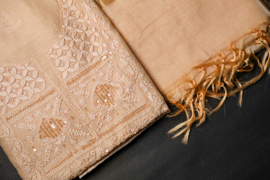 'Peachy Shimmer'  Mul Chanderi Embellished Unstitched Chikankari Suit Set