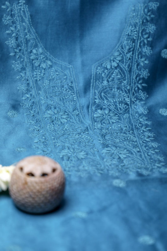 Peacock Blue Chanderi Unstitched Chikankari Suit Set