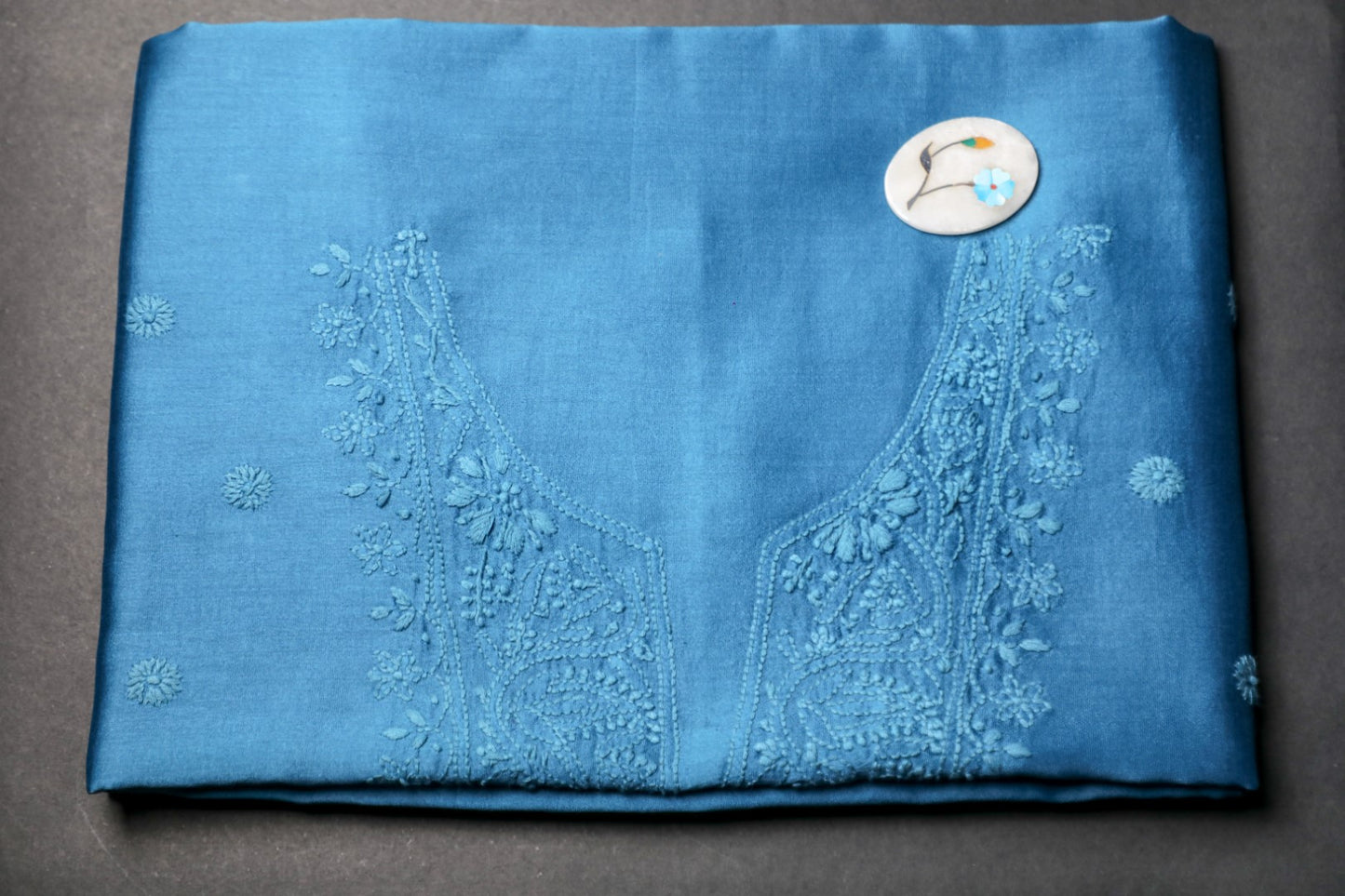 Peacock Blue Chanderi Unstitched Chikankari Suit Set
