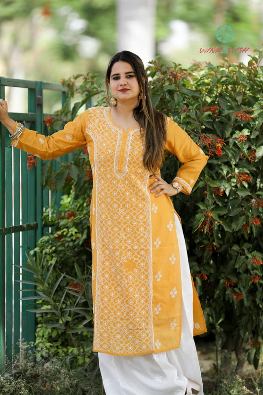 'Festive Warmth' Mul-chanderi Mustard Chikankari Kurti