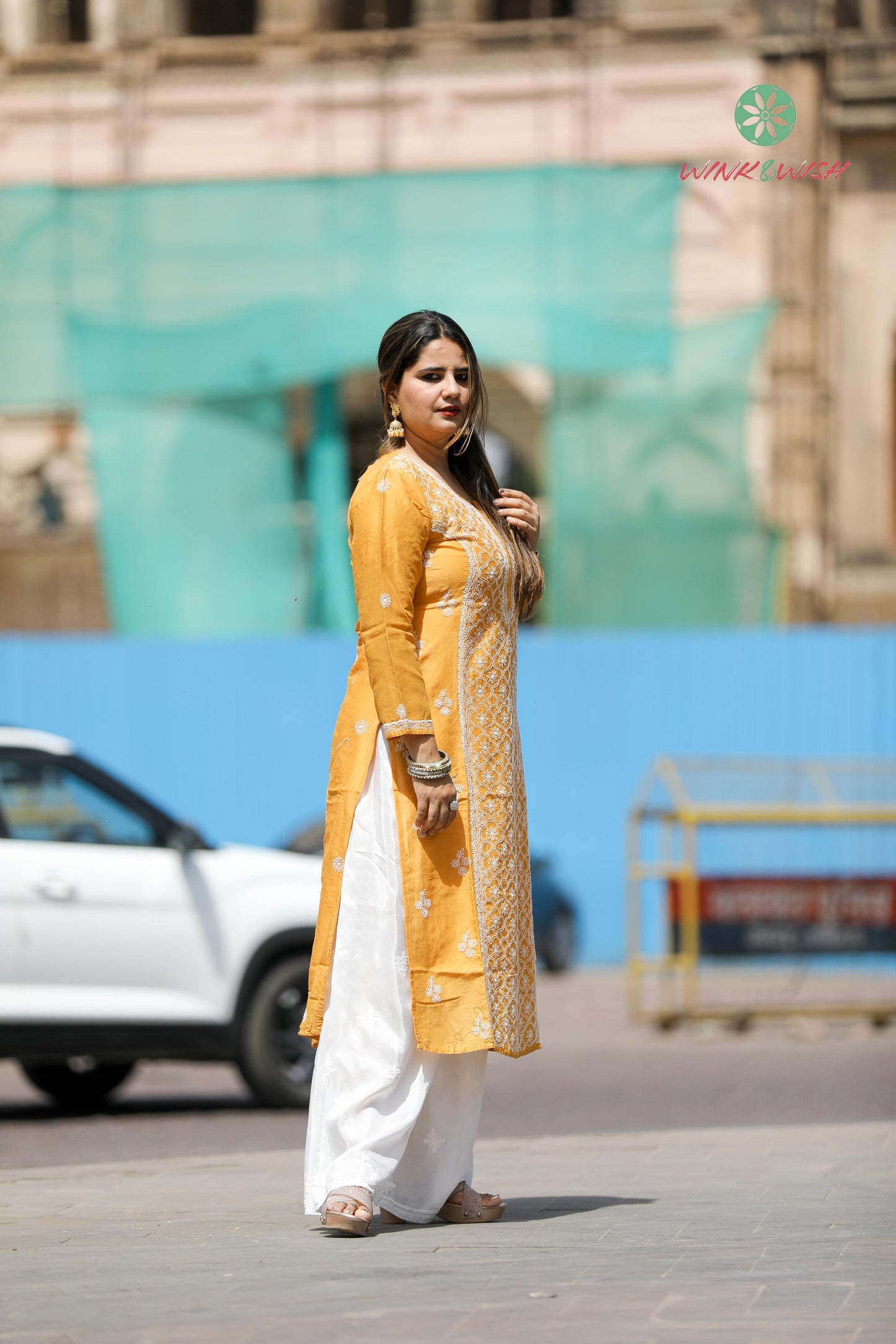 'Festive Warmth' Mul-chanderi Mustard Chikankari Kurti