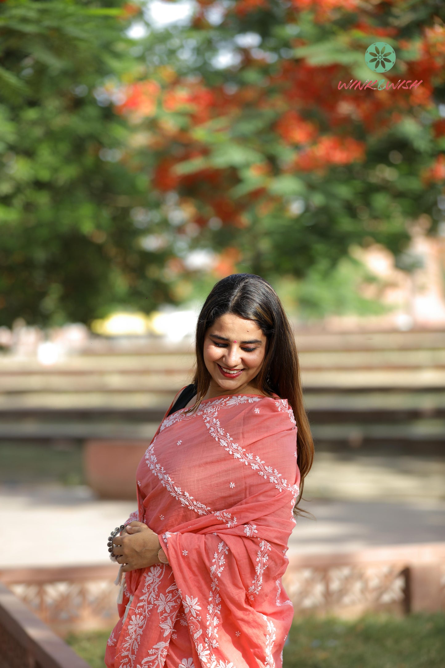 'Sun Kissed Bloom' Coral Red Mulmul Cotton Chikankari Saree
