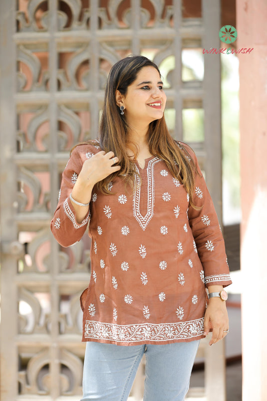 'Sugar and Spice' Cinnamon Brown Linen Chikankari Short Kurti
