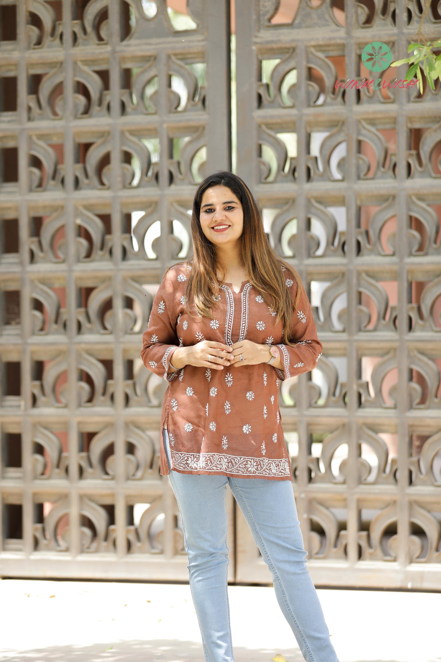 'Sugar and Spice' Cinnamon Brown Linen Chikankari Short Kurti