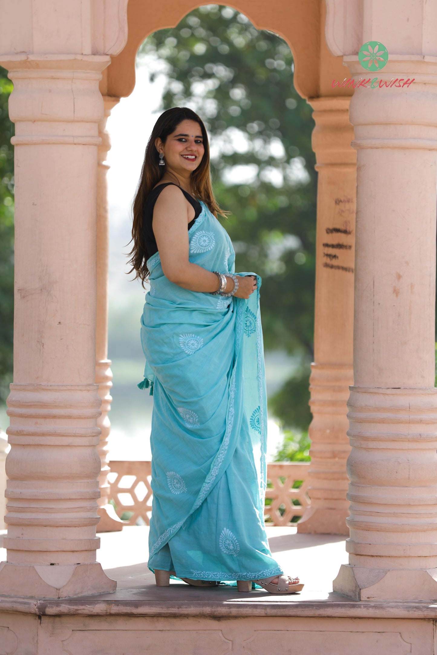 'The Dream catcher' Teal Mulmul Cotton Chikankari Saree