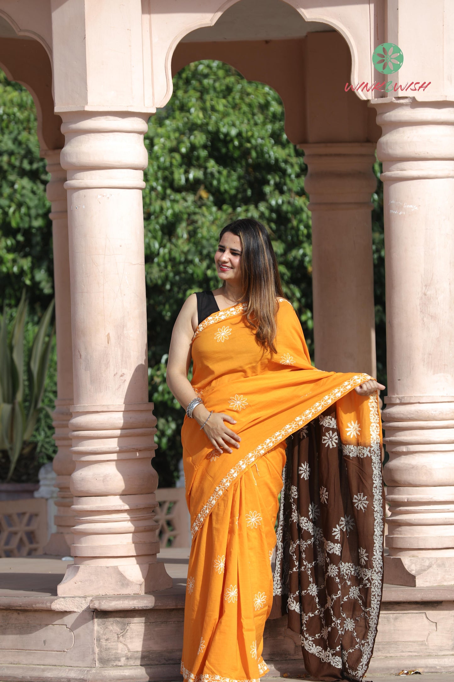 'Sunshine through the woods' Orange Mulmul Chikankari Saree