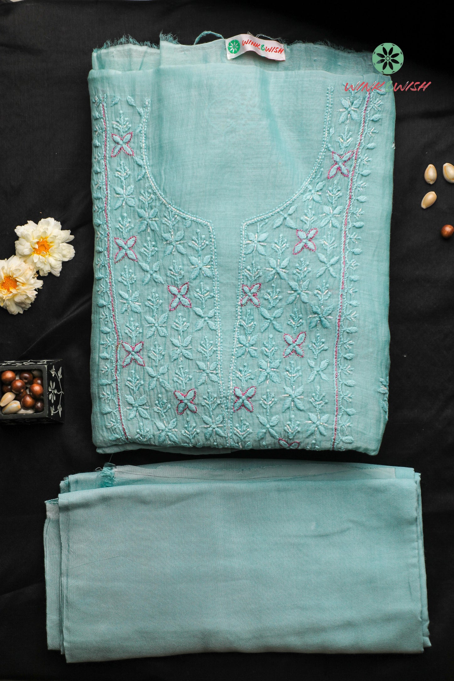 Teal Highlighted Mulmul Chanderi Unstitched Chikankari Suit Set
