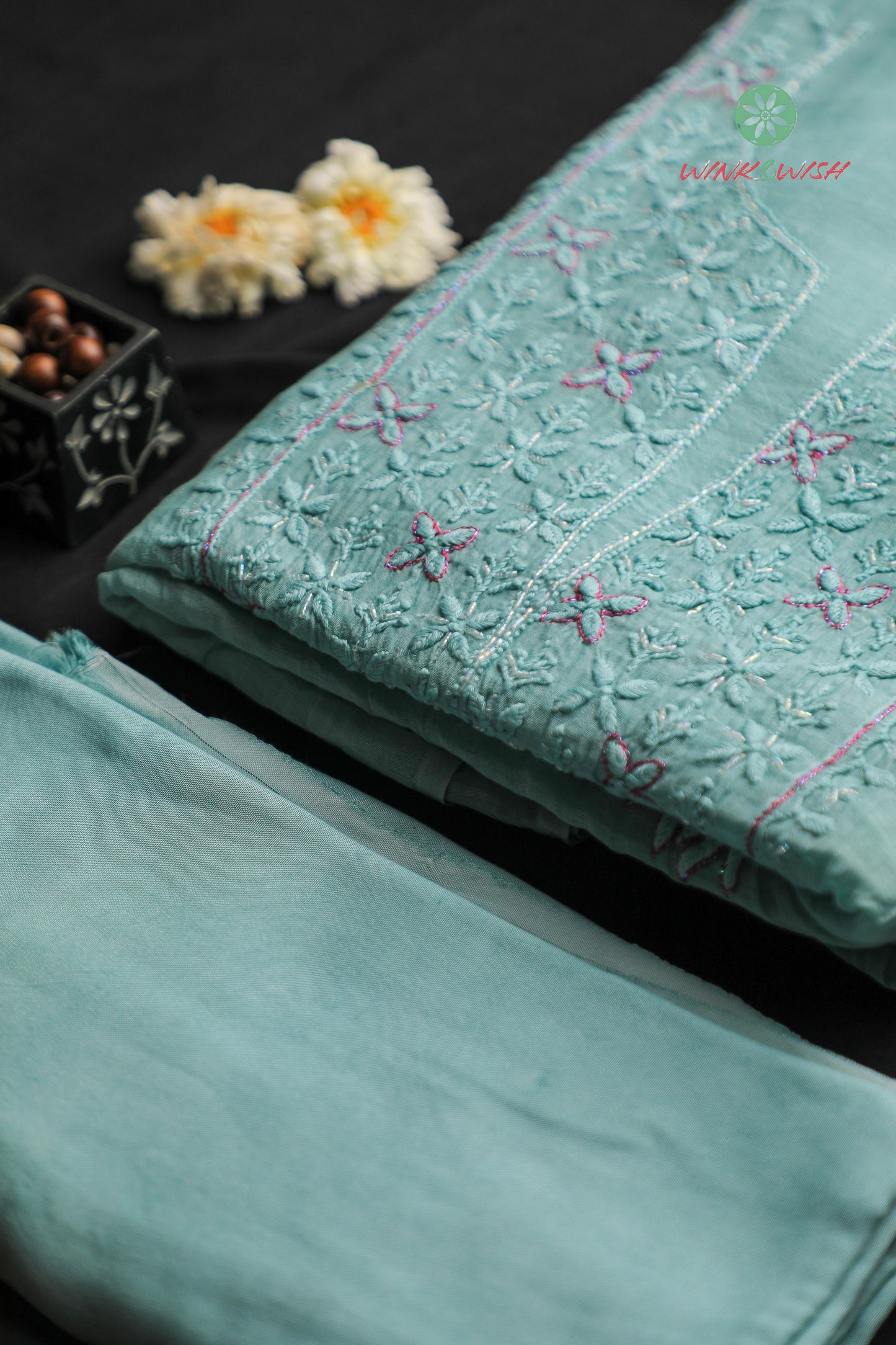 Teal Highlighted Mulmul Chanderi Unstitched Chikankari Suit Set