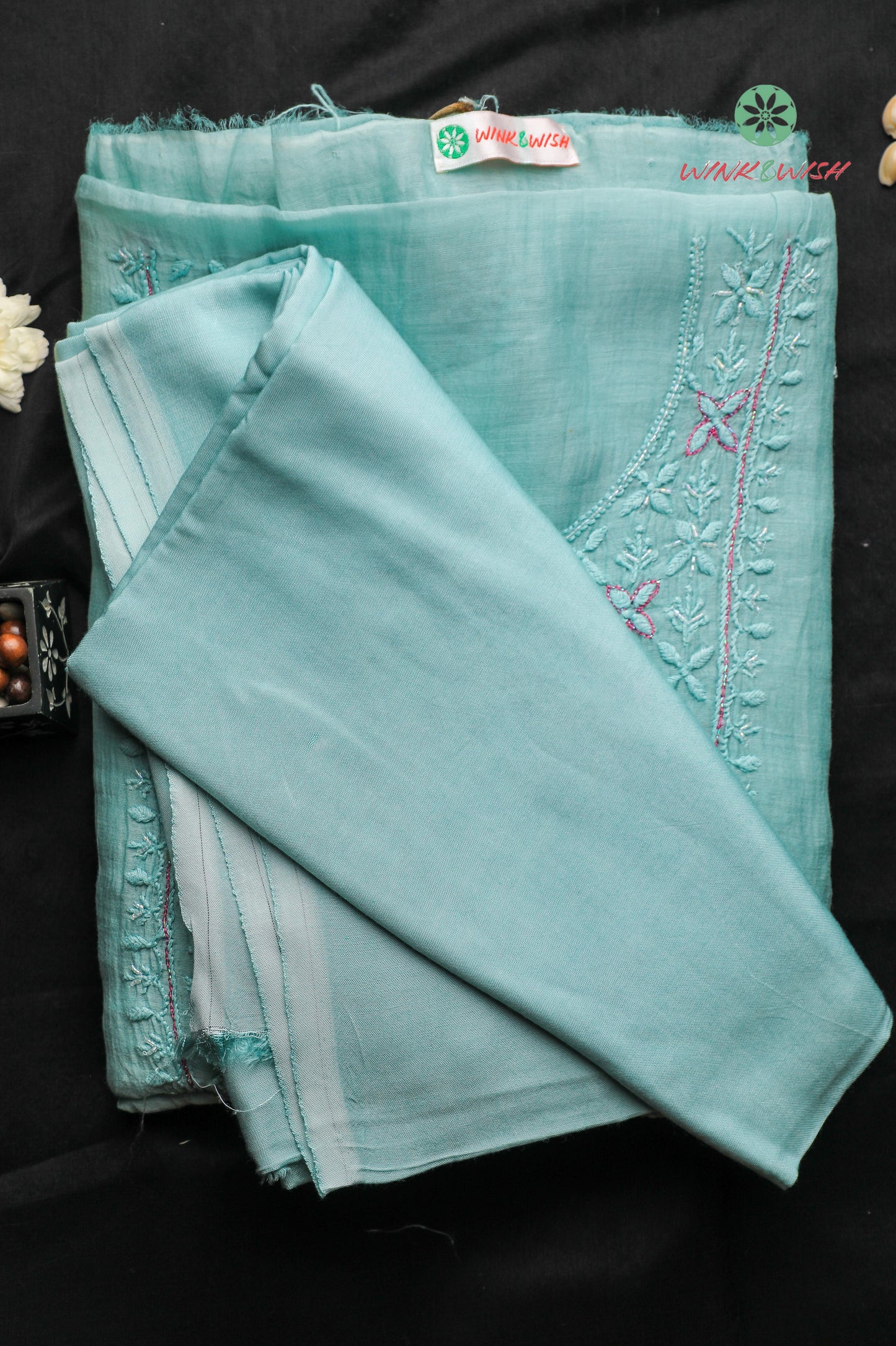 Teal Highlighted Mulmul Chanderi Unstitched Chikankari Suit Set