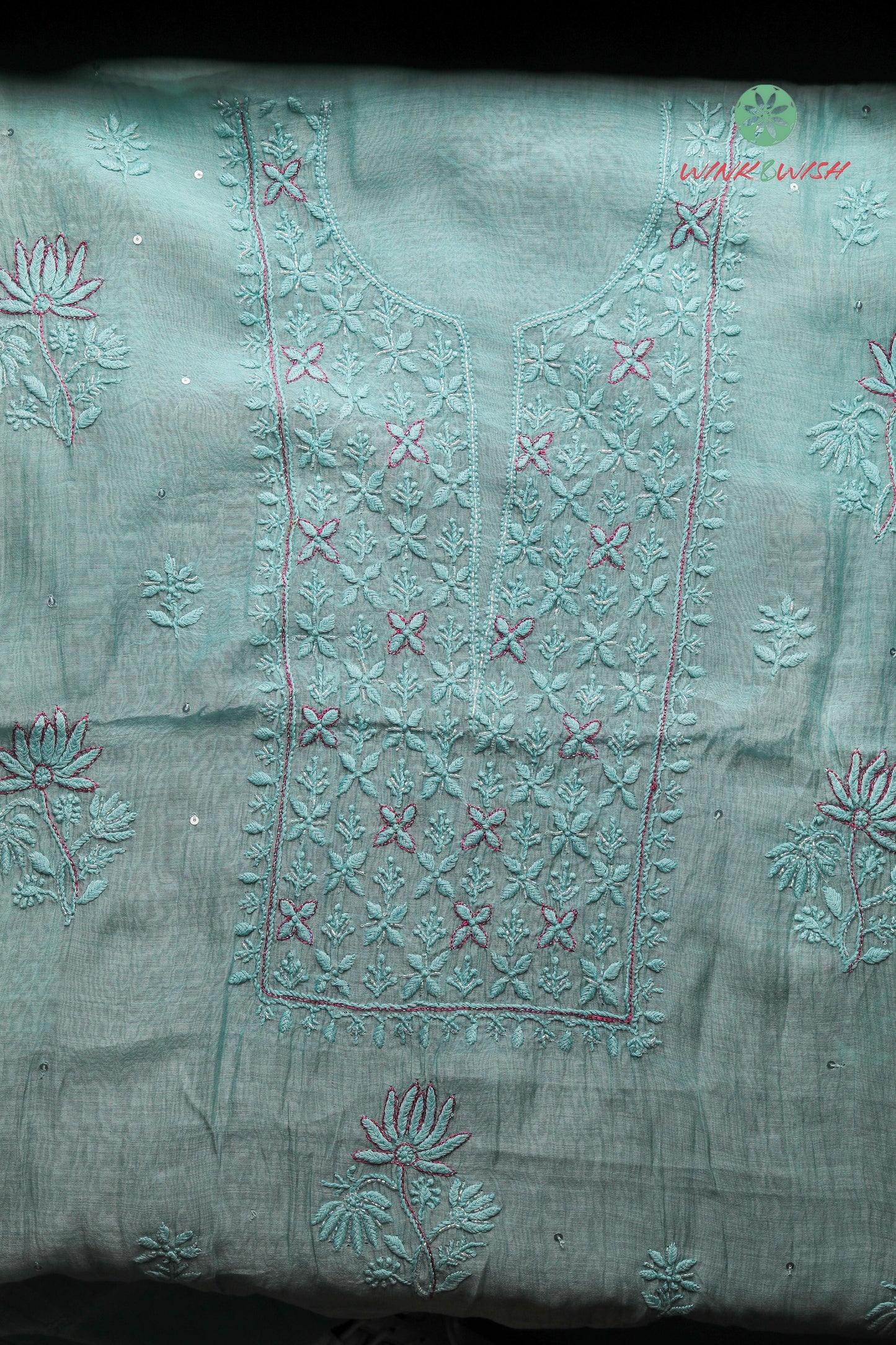 Teal Highlighted Mulmul Chanderi Unstitched Chikankari Suit Set
