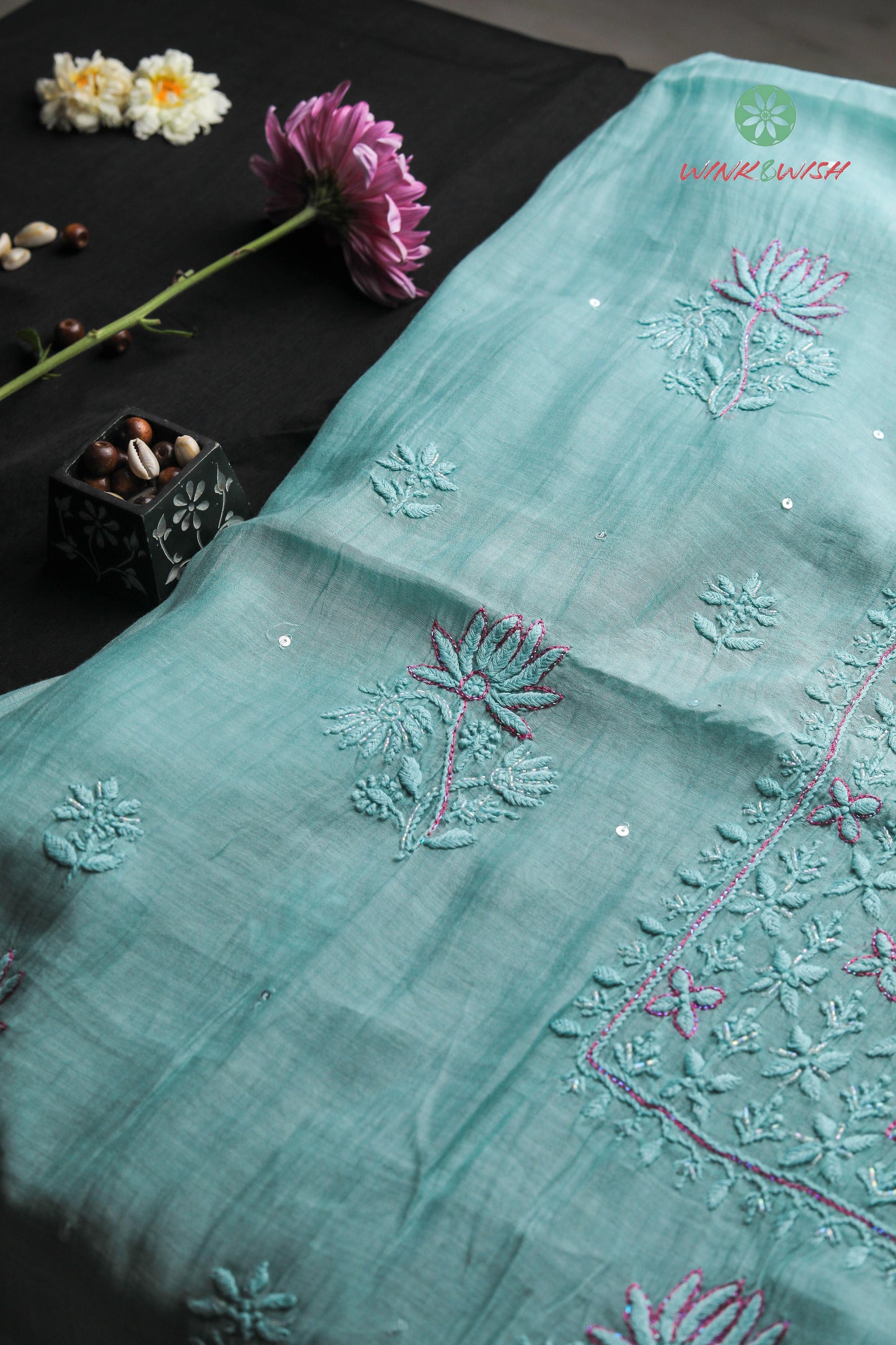 Teal Highlighted Mulmul Chanderi Unstitched Chikankari Suit Set