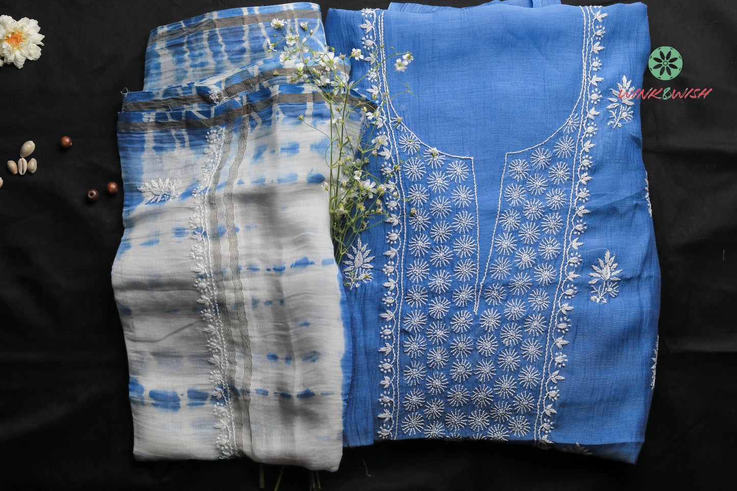 Indigo Mulmul Chanderi Unstitched Chikankari Kurta-Dupatta Set