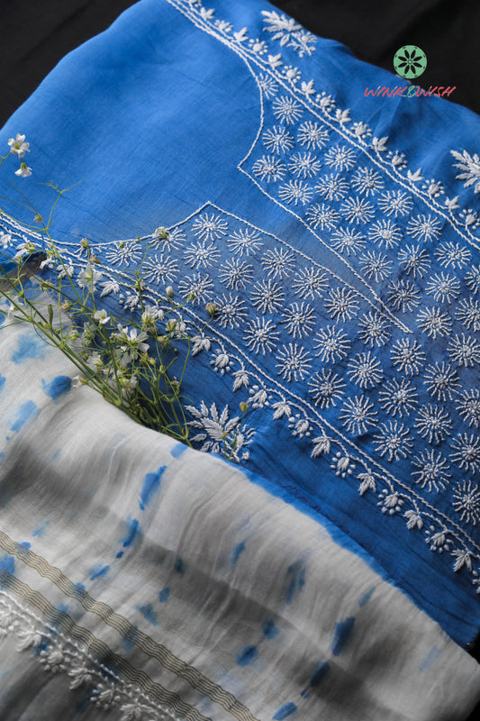 Indigo Mulmul Chanderi Unstitched Chikankari Kurta-Dupatta Set
