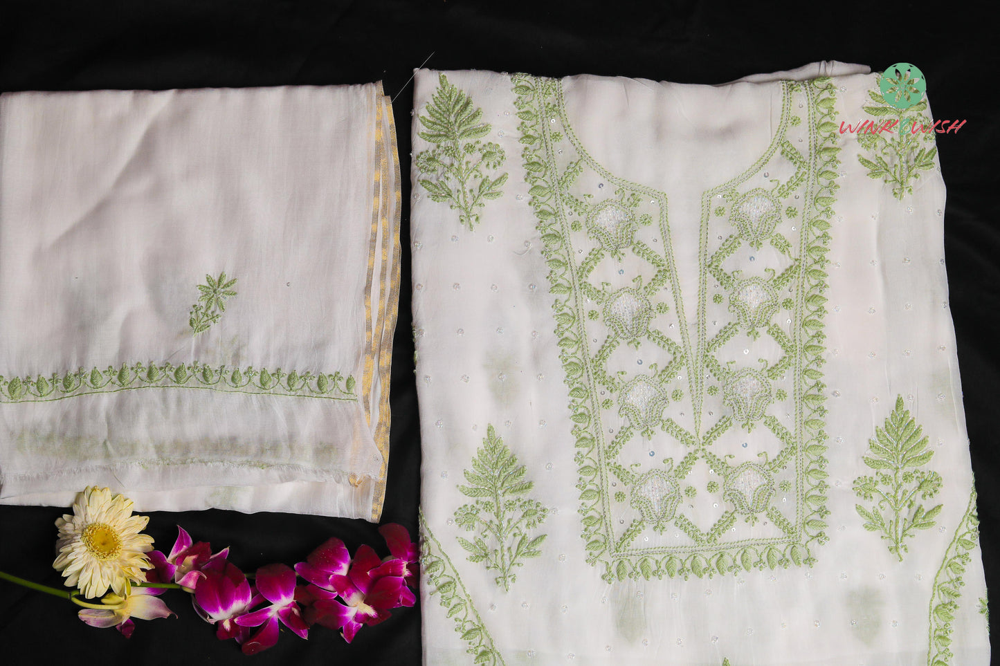 White Muslin Embellished Unstitched Chikankari Suit set