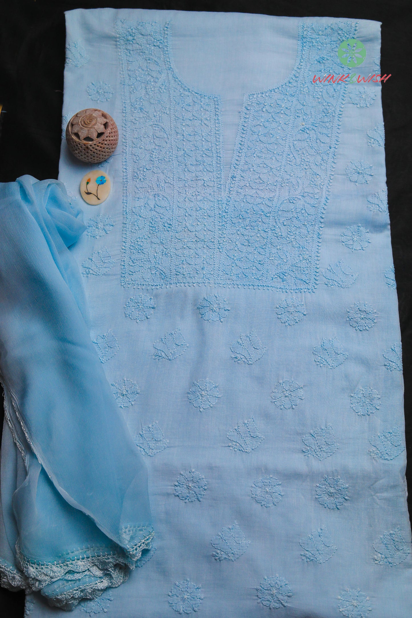 Light Blue Mul Cotton Unstitched Chikankari Suit set