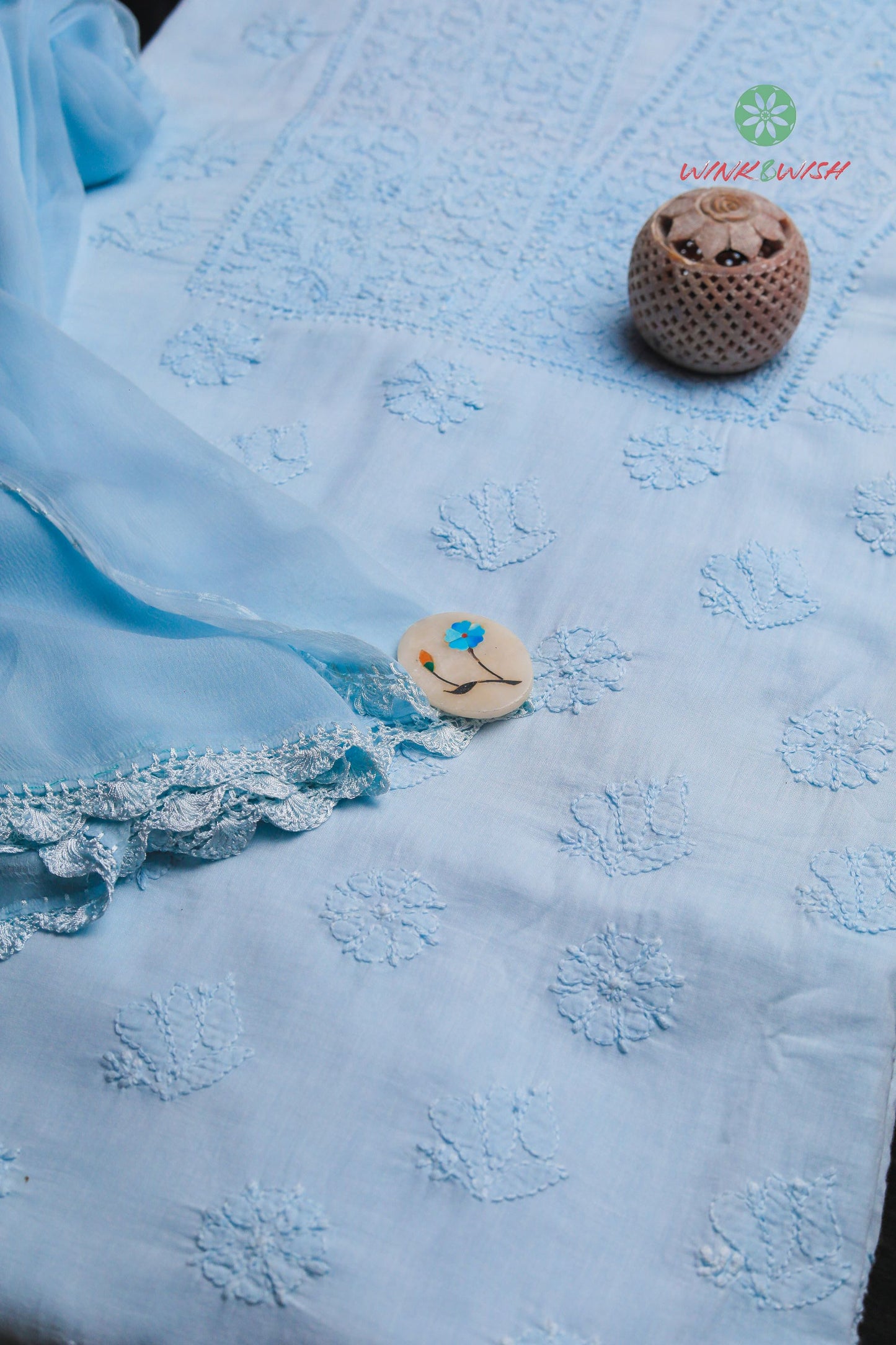 Light Blue Mul Cotton Unstitched Chikankari Suit set