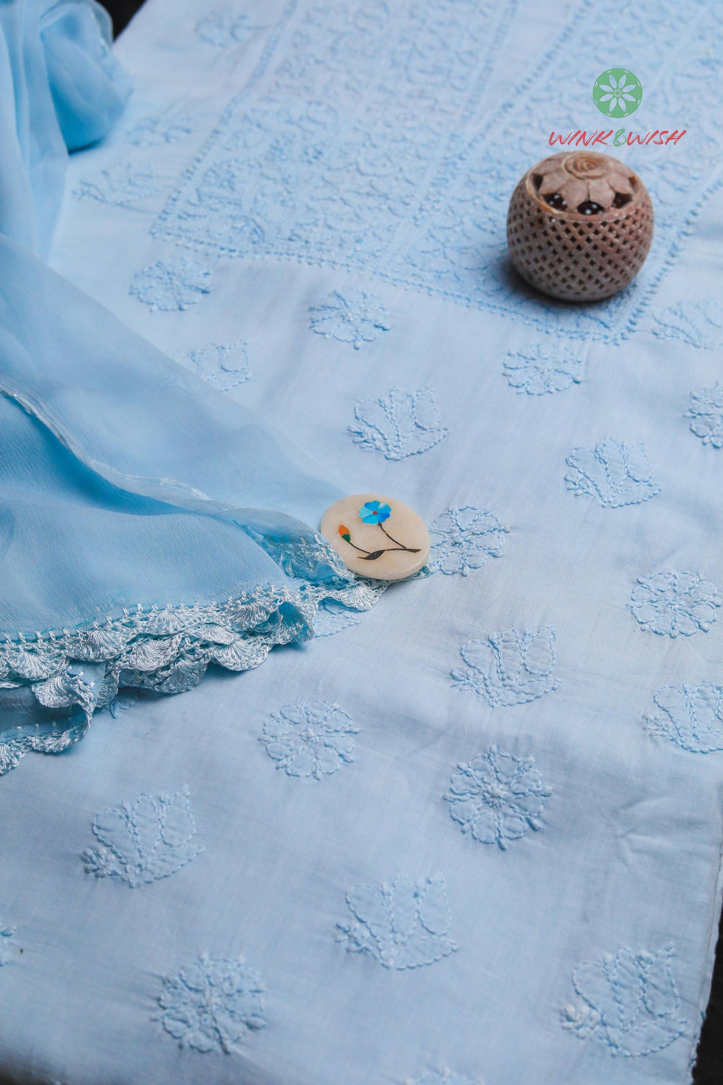 Light Blue Mul Cotton Unstitched Chikankari Suit set