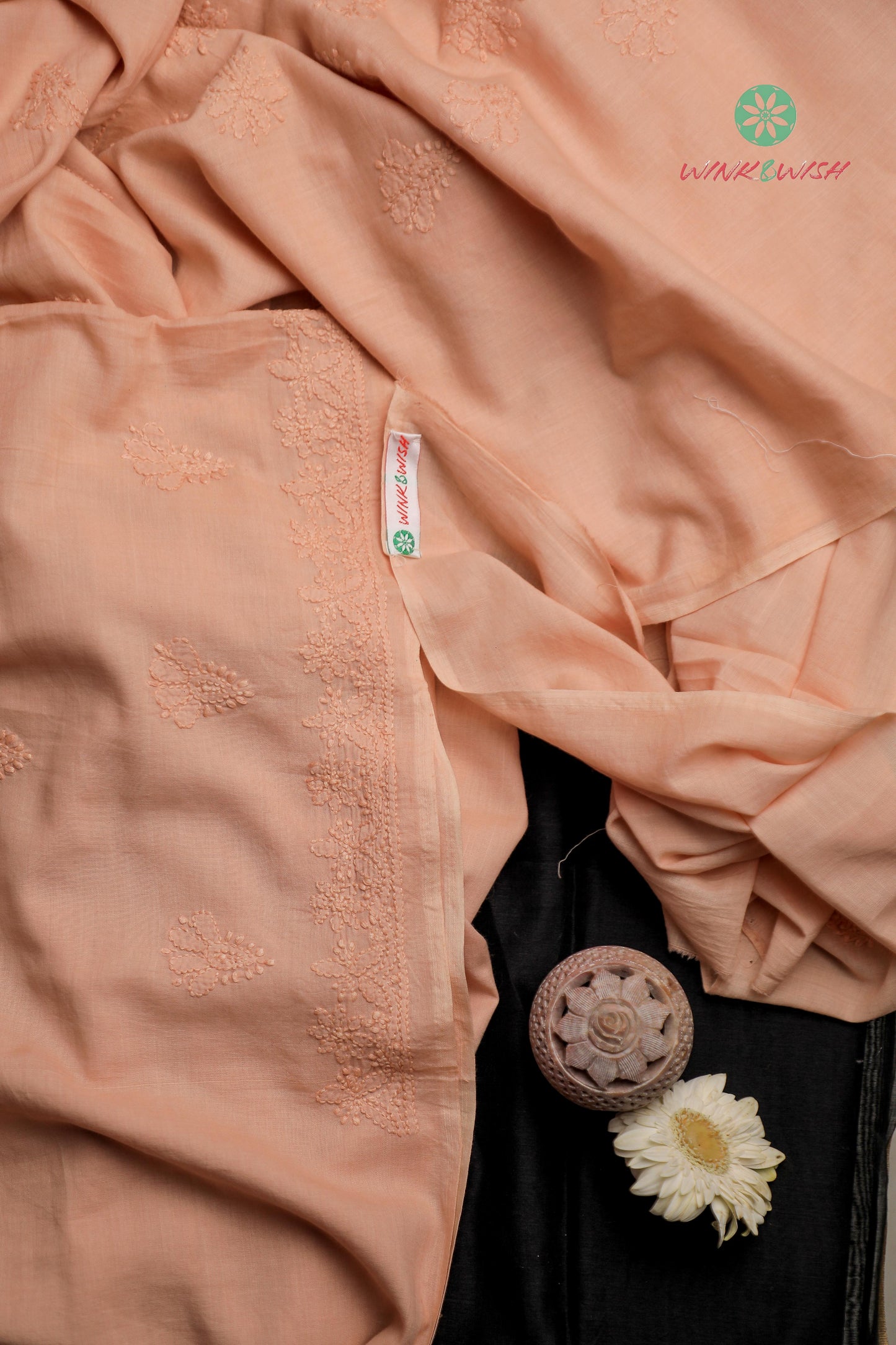 Peachish Brown Mul Cotton Unstitched Chikankari Suit set