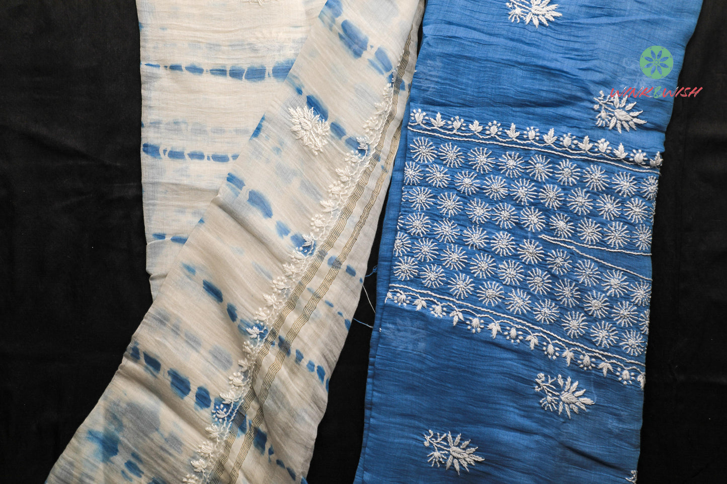 Indigo Mulmul Chanderi Unstitched Chikankari Kurta-Dupatta Set